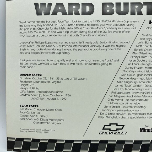 Ward Burton 8x10 Photo - 1995 Hardee’s Racing Nascar Winston Cup - Picture 7 of 9